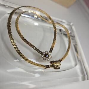 Vintage Gold Tone Rhinestone Flower Choker Necklace Flat Herringbone Chain